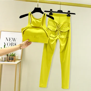 Women's Tracksuit Leggings Yoga Set Pocket High Waist Pants Sportswear Bra Fitness Workout Cycling Sport Suit Gym Outfit Clothes 1