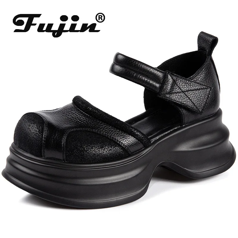 

Женские босоножки на танкетке Fujin, черные босоножки из натуральной кожи на танкетке 6 см, с круглым носком, в этническом стиле, лето 2024
