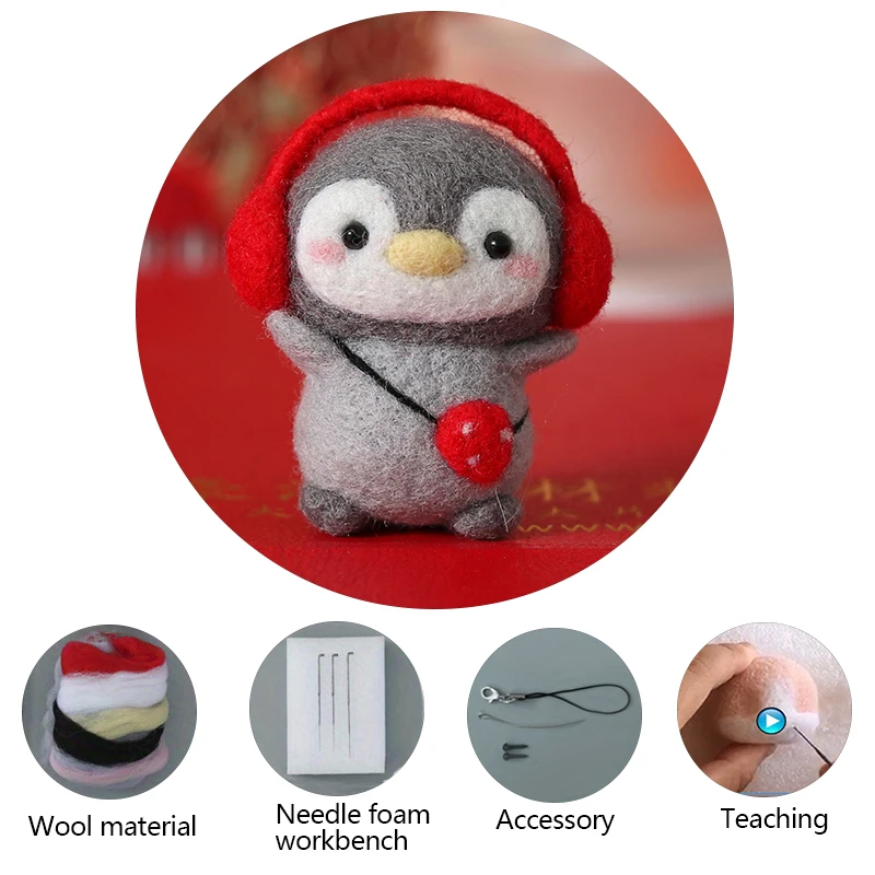 Wool Felt Poking Art Material Kit Cute Penguin Felt Diy Needle Poke Pendant Crafts Material Bag For Beginners Handmade Gift