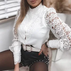 Elegant Women's Casual White Lace Shirt Blouses Office Summer Ruffles Long Sleeve Shirts For Women Hollow Out Simple Top Female