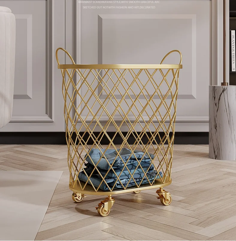 

North Metal Gold Color Dirty Clothes Storage Handle Wheel Laundry Basket Home Creative Organizer with Wheel Dirty Clothes Hamper