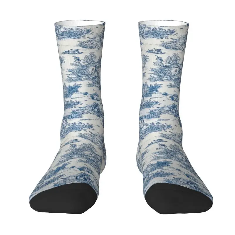 

Funny French Navy Blue Motifs Toile De Jouy Socks Women Men Warm 3D Print Flora Basketball Sports Socks