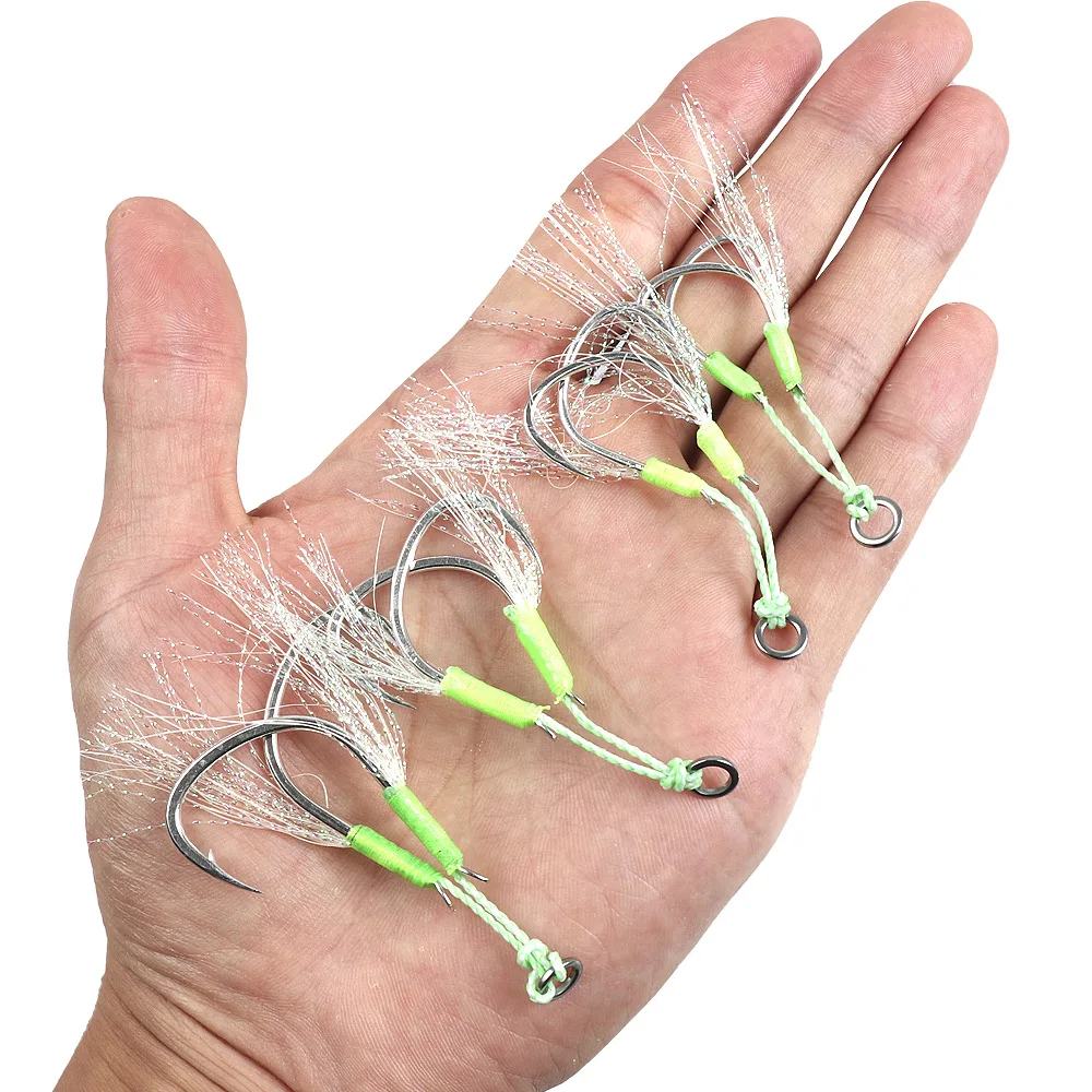 5 Paar leuchtende Jigbait-Haken mit Widerhaken, Köderbindung, Wolle, Eisenplatte, Hilfshaken, Einzel- und Doppelhaken, verstreuter Haken, Salzwasser – Detail 5