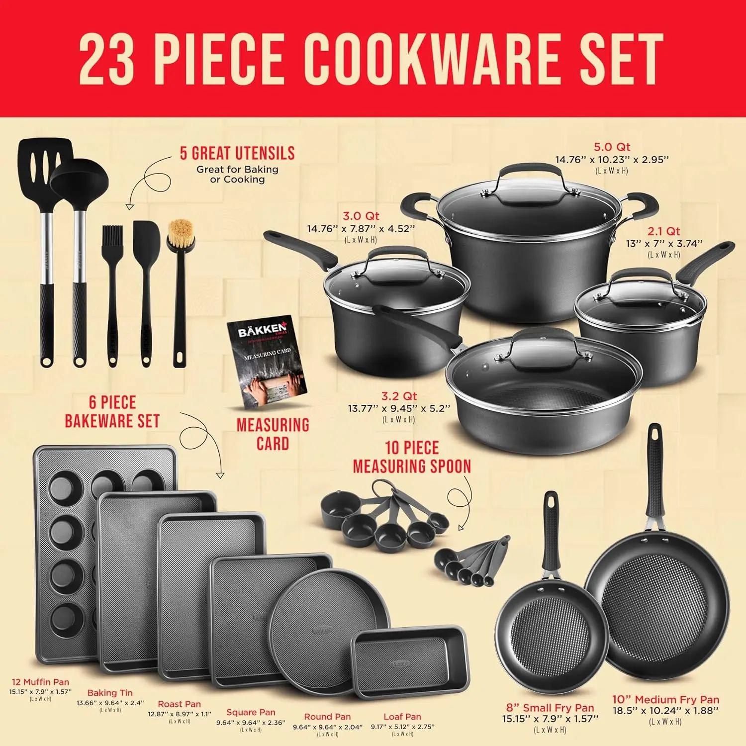 Set &ndash; 23 Piece &ndash;Black Multi-Sized Cooking Pots with Lids, Skillet Fry Pans and Bakeware &ndash; Reinforced Pressed Aluminum Metal