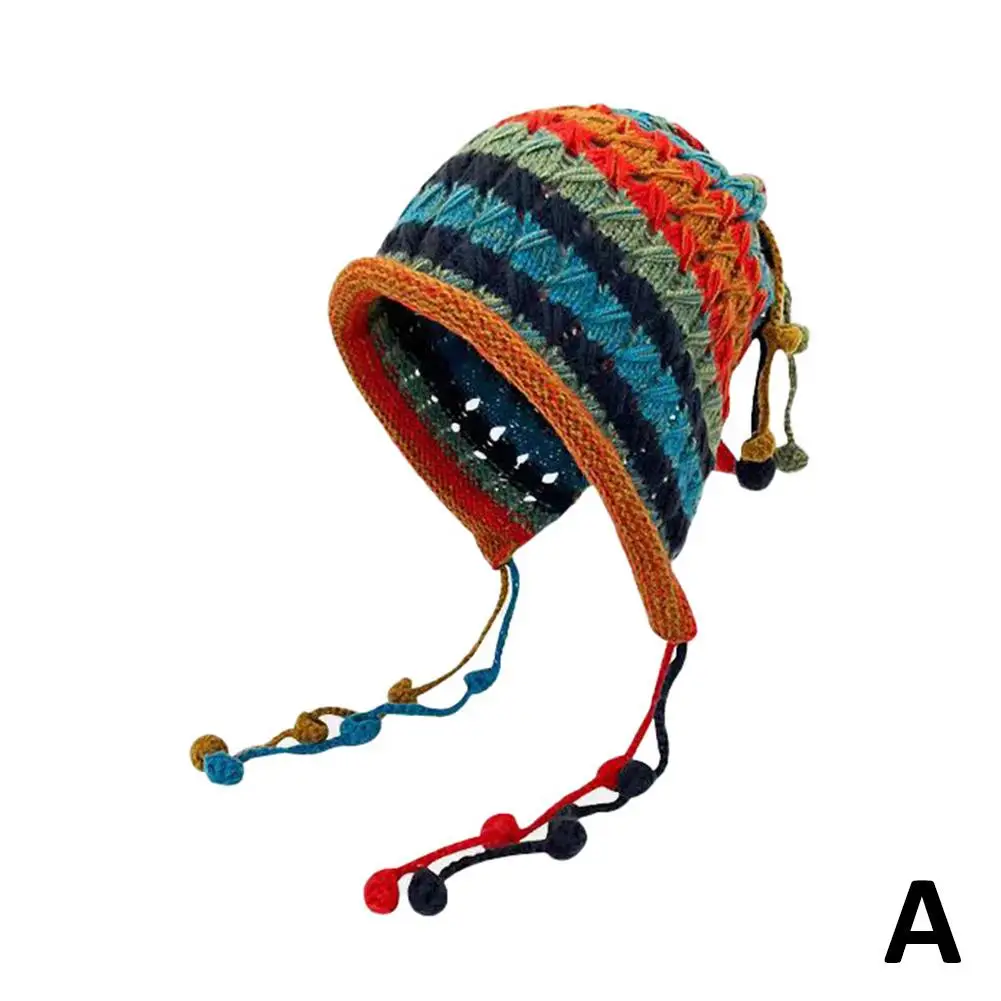 1pc Korean Imitation Handmade Crochet Colored Yarn Hat For Women Winter Fashion Nitted Beanie Cap Hm Earflap Tassel Pompom N2X9