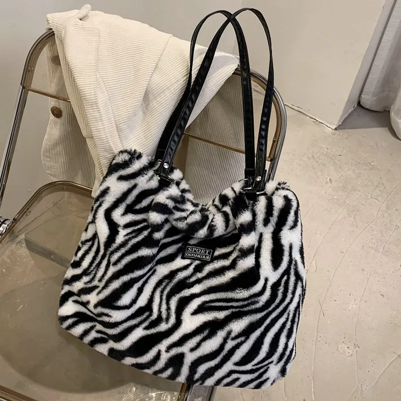 

Female Bag Tote Shopper Simple Fashion Soft Zipper Plush Large Capacity Ladies Shoulder Bag With Print Luxury Designer Handbags