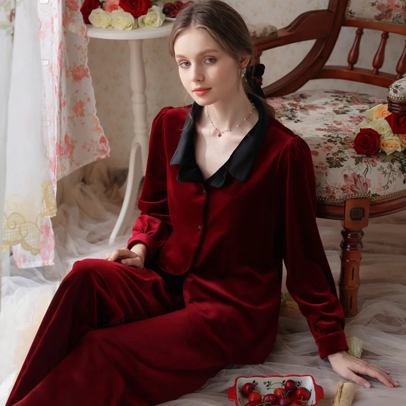 

Velour Satin Pajamas Autumn Winter Ice Silk Tops Pants Loungewear Women Lace Pajama Sets Romantic Princess Sleepwear Nightwear
