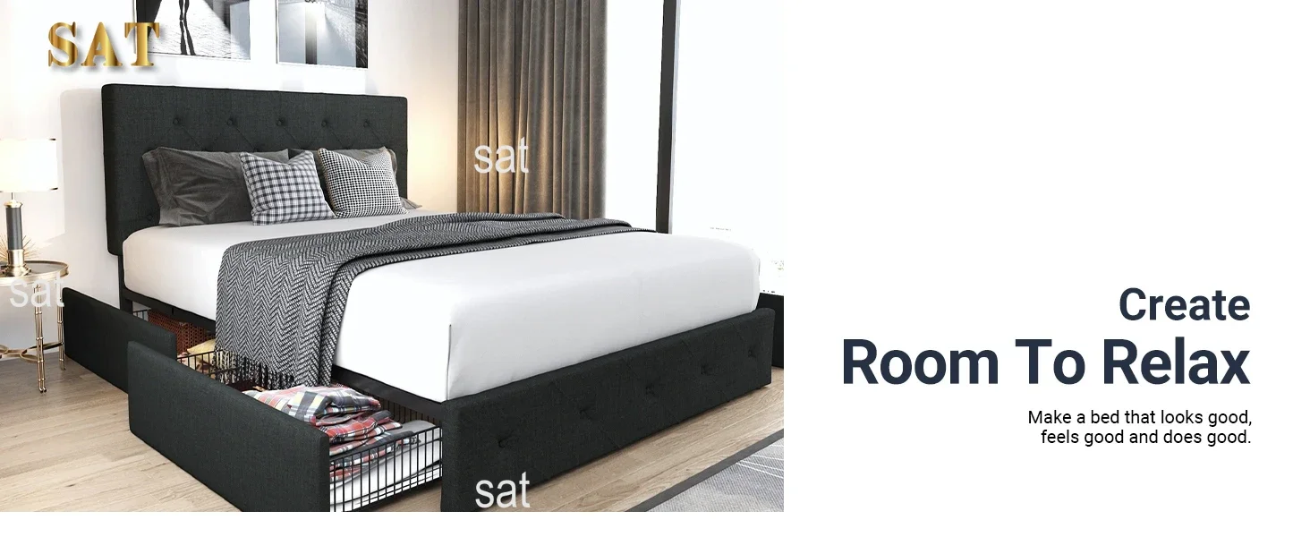 Upholstered Queen Platform Bed Frame, With 4 storage drawers and headboard, Diamond sewn button tufting, Base wood slat support