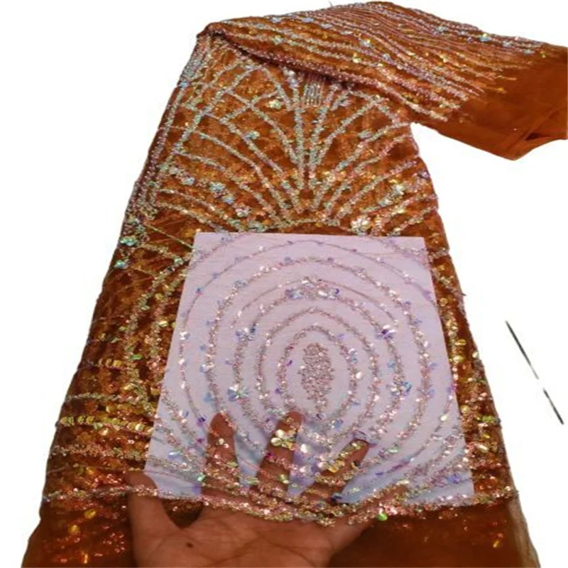 

Luxurious African Groom Sequins Lace Fabric High Quality Orange Heavy Beads Embroidery French Tulle Lace Nigerian Wedding Dress