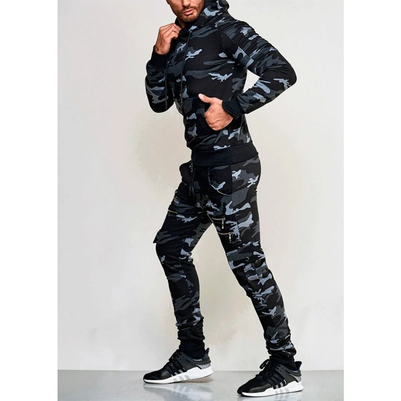Autumn Winter Male Loose Casual Camouflage Printing Hoodies Elastic Waist Pants Set Men Zipperhooded Sweatshirt Sweatpants Suit
