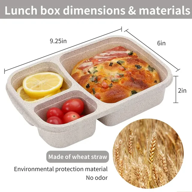 Boîte à déjeuner Bento à 3 compartiments, paille de blé, préparation des repas, conteneurs de stockage des aliments en plastique, 1 paquet 2