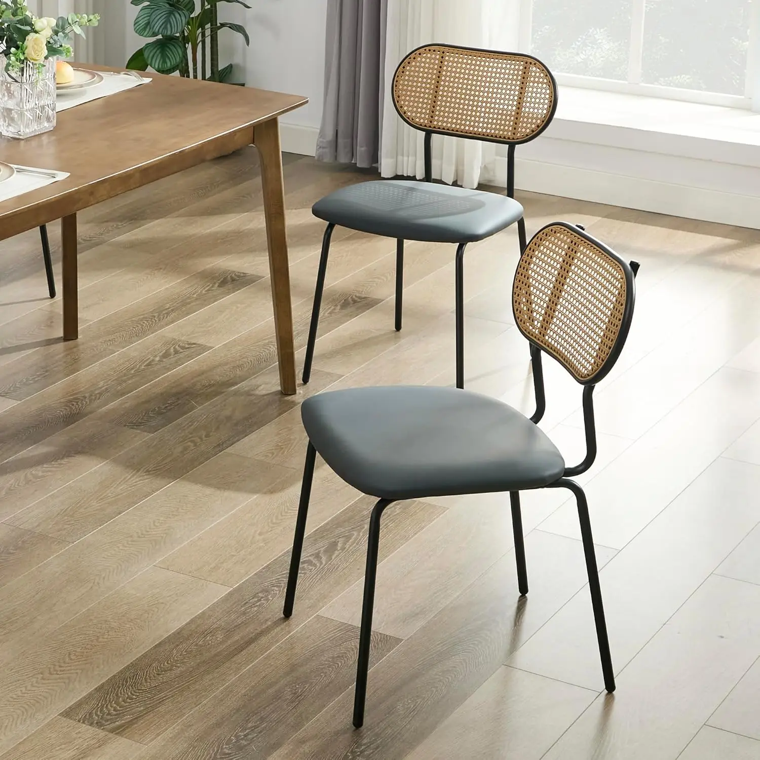 Dining Chairs Set of 2 Rattan Kitchen Chairs Black Leather Boho Dining Room Chairs Mid Century Modern Woven Upholstered