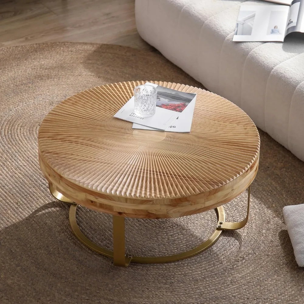 31.5 "Modern Circular Coffee Table with Handmade Wooden Radial Pattern, Cedar Tabletop, Gold Cross Legged Base 3