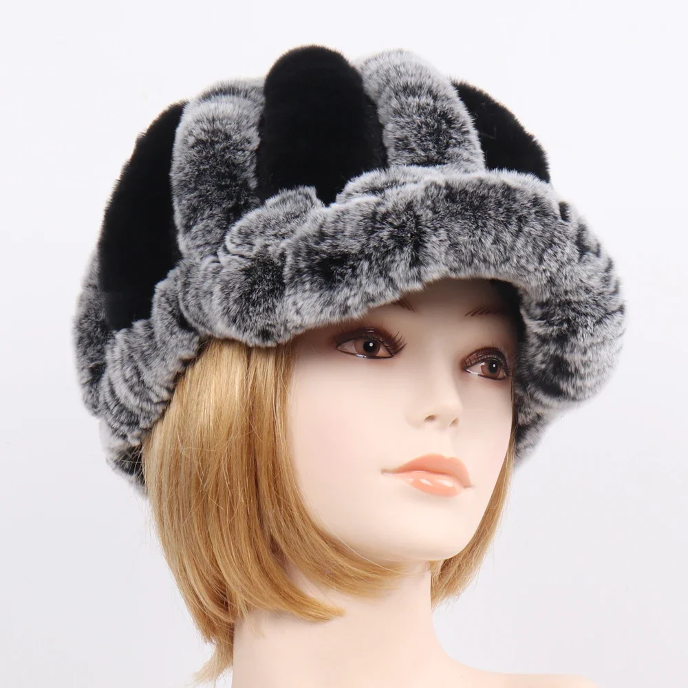 

2020 New Women Knit Real Rex Rabbit Fur Striped Hats Winter Warm Floral Genuine Fur Caps Lady Natural Fur Hat Wholesale Retail