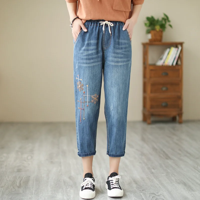 Women's Jeans Korean Capris Casual High Waist Baggy Pants Ladies Streetwear Vintage Floral Embroidery Denim Harem Trousers