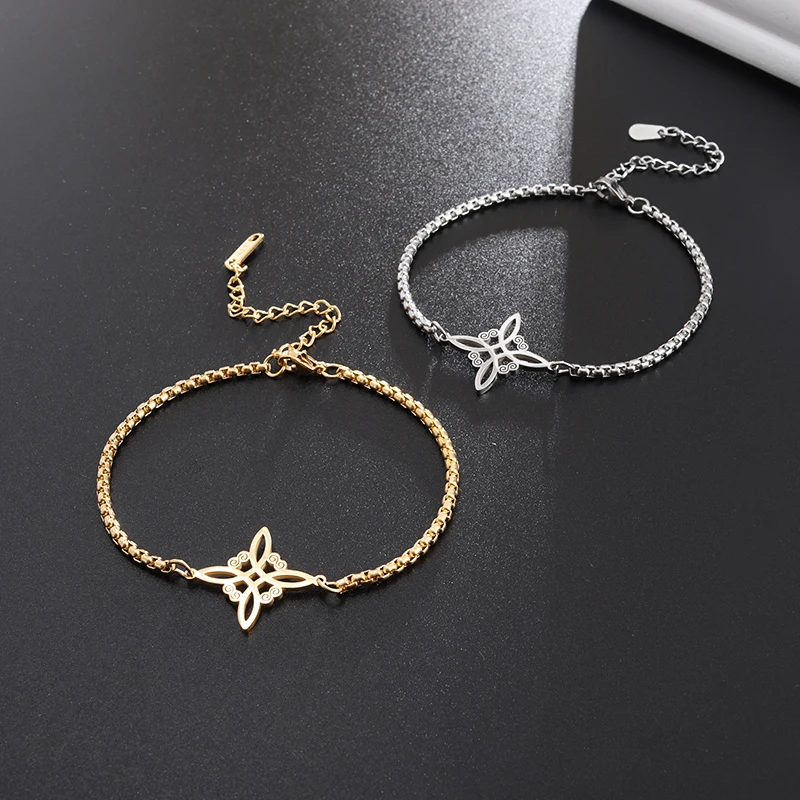 Witchcraft Witch Knot Bracelet Stainless Steel Geometric Cutout Flower Box Chain Cuff Bracelet Women Amulet Jewelry