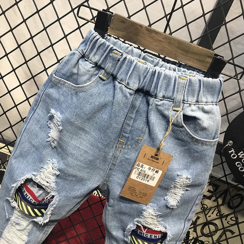Kids pants boys jeans Boys Jeans Fashion Hole New Children Straight Cylinder Casual Jeans Spring Autumn Korean Style Elastic Waist 3-8Ys Trousers
