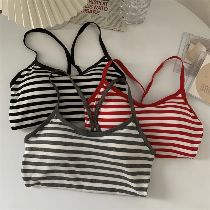 Korea Style Colorblock Striped Camisole Female Summer Cross Strap