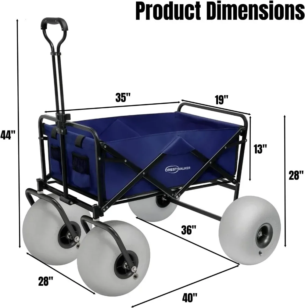 Beach Wagon with 13'' Balloon Wheels, Heavy Duty All-Terrain Collapsible Cart with Big Wheels for Sand, Pump Included, Patented