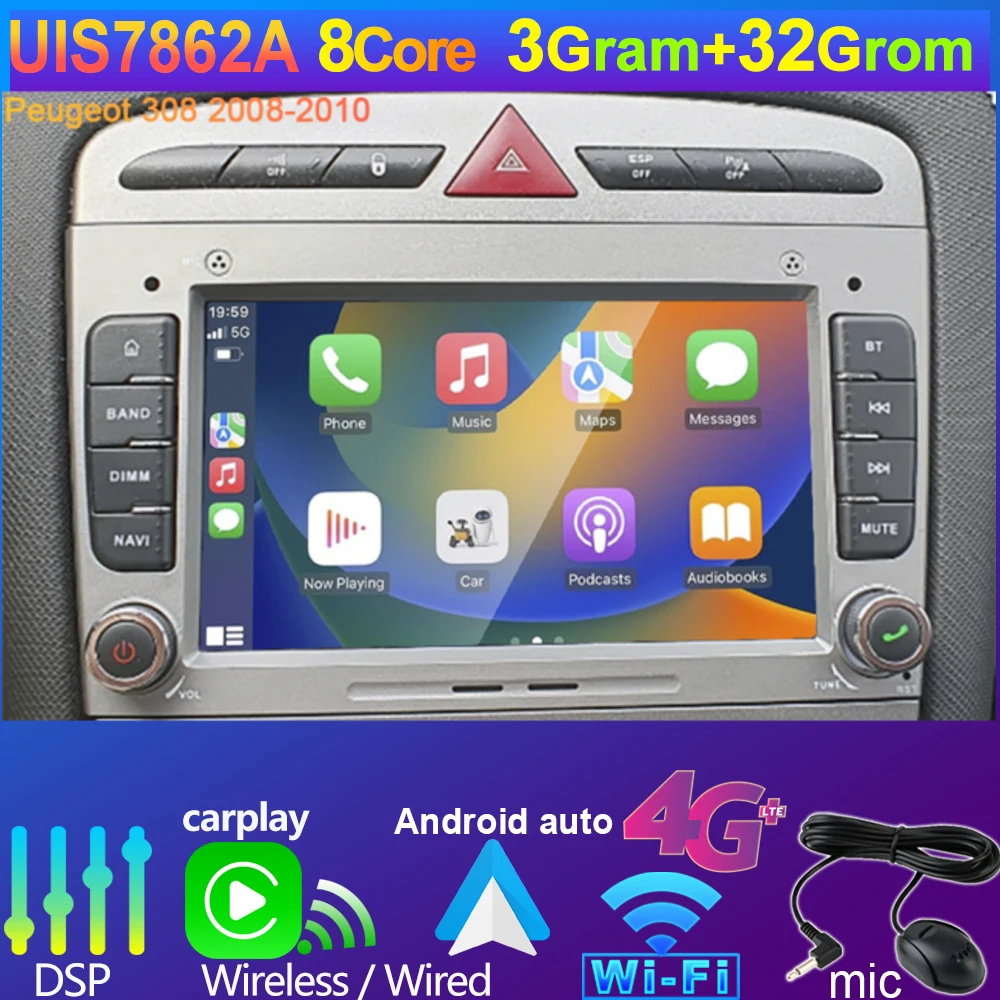 Autoradio 308 Phase 2 Phase 1 CC SW RD4 Feline GPS Bluetooth Android  Carplay Poste Ecran Tactile Peugeot Compatible D'origine