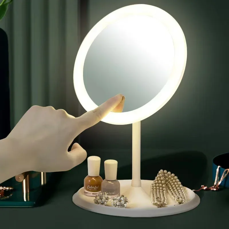 LED Makeup Mirror With Light Lamp With Storage Desktop Rotating Cosmetic Mirror Light Adjustable Dimming USB Vanity