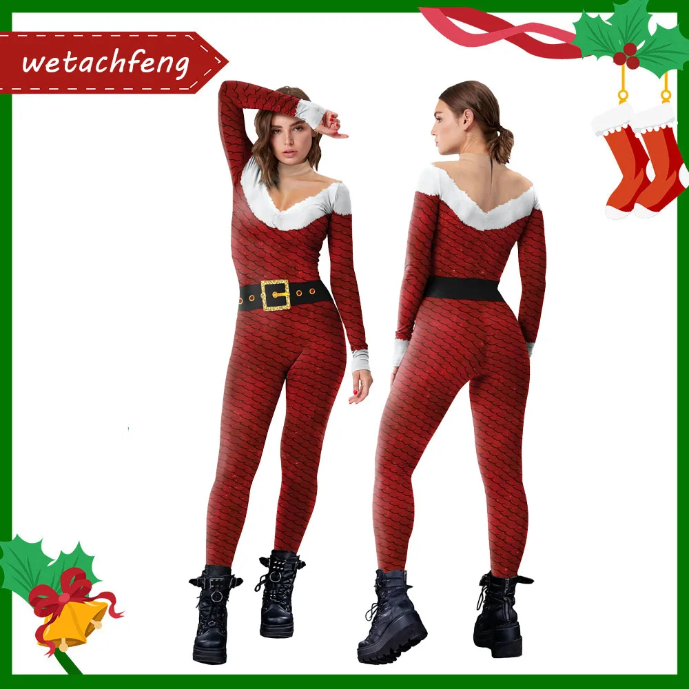 Christmas Overalls Sexy Red Fish Scales Printed Ugly Christmas