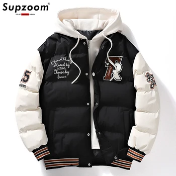 Supzoom New Arrival Casual Embroidery Mens Winter Trendy Fake Two-piece Hooded Bread Suit Couple Cotton-padded Jackets And Coats
