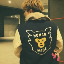 

Human Made Men Women Cartoon Avatar Mask Monster Retro Leather Sleeve Loose Human Made Baseball Jacket coats Autumn And Winter