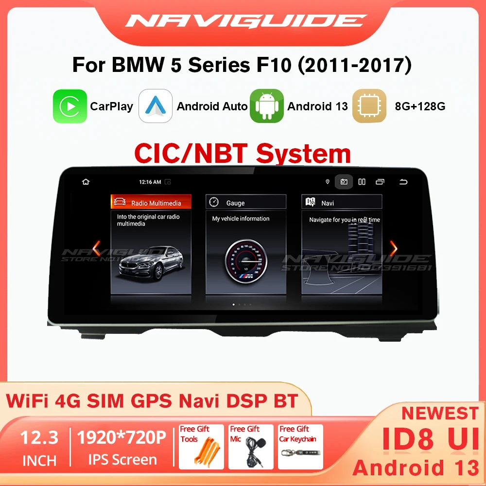 

NAVIGUIDE ID8 UI 12.3'' Android 13 8+128G Car Radio For BMW 5 Series F10 F11 2010-2016 CIC NBT Carplay Auto Multimedia Player BT