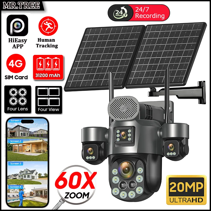 4G SIM/eSIM Solar PTZ Security Camera 4 Screen AOV 24 Hour Record 31200mah Outdoor 60X Optical Zoom Auto Track Surveillance Cam 1