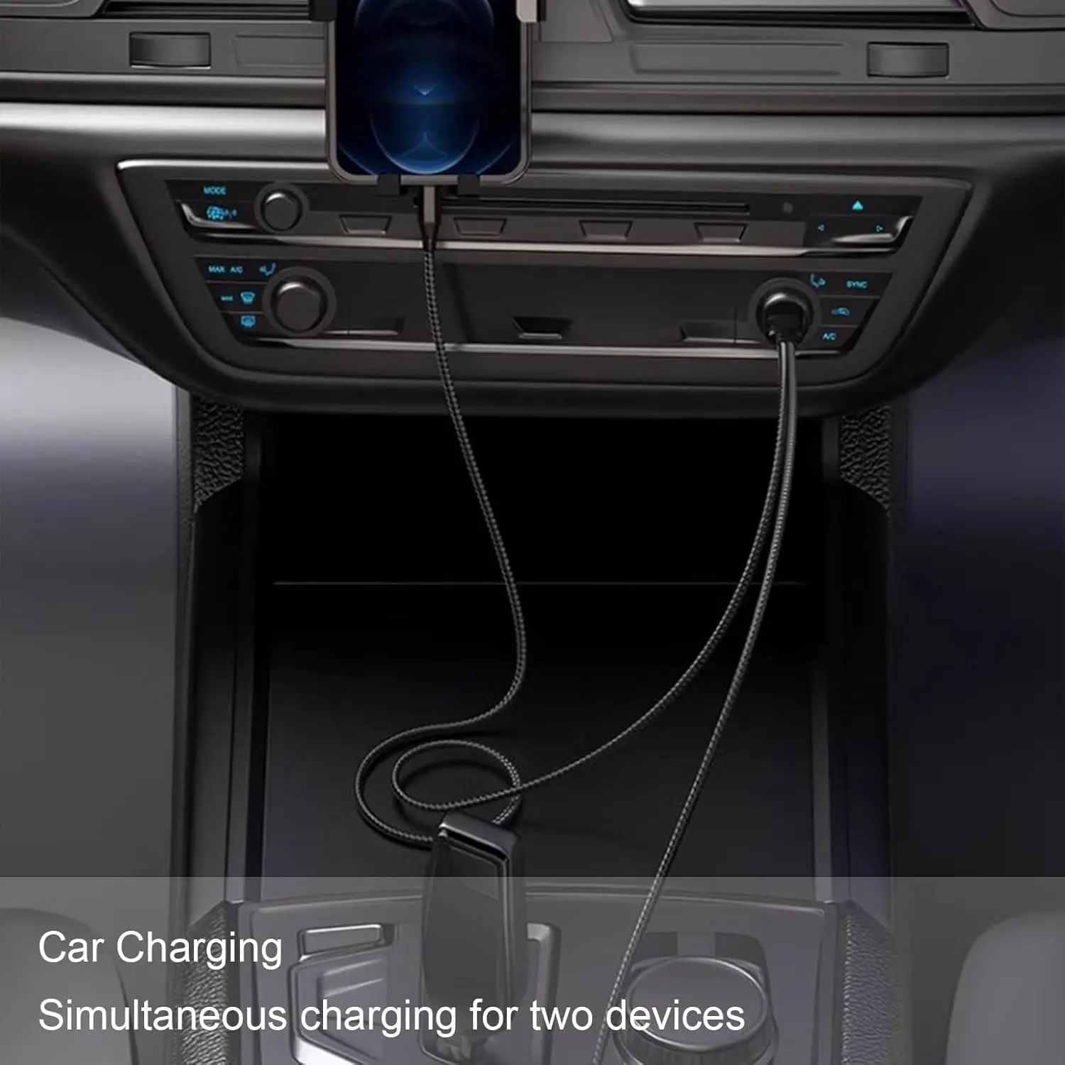 Dual USB-C Splitter Cable with Quick Charge & High-Speed Data Nylon Cord