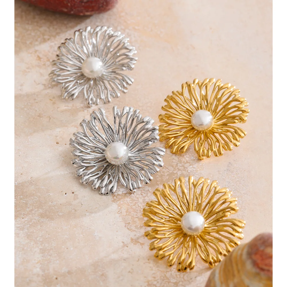 Yhpup Earrings Stainless Steel Pearls Flower Stud