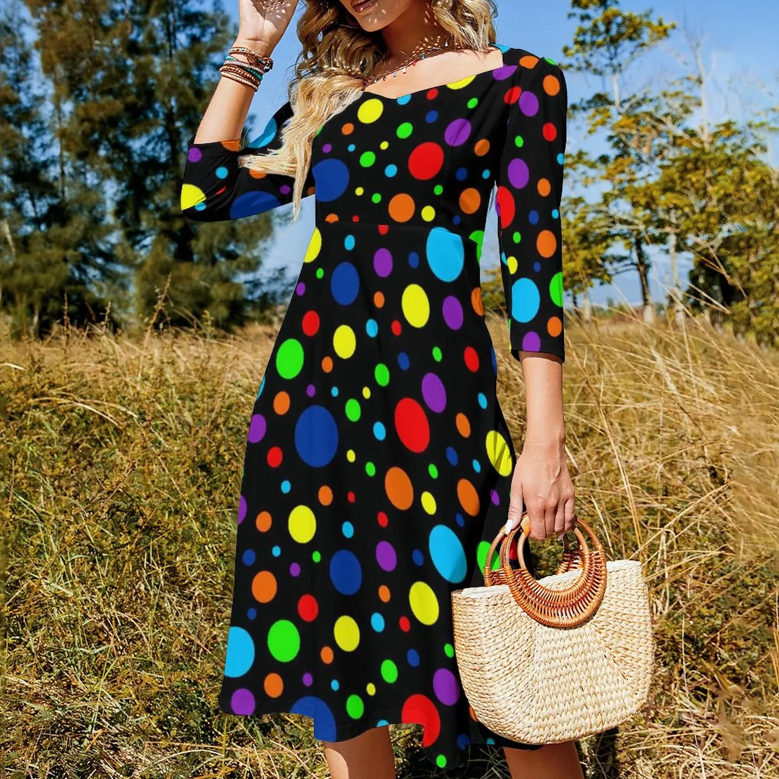 Vintage 80S Polka Dots Casual Dress Dark Rainbow Spots Stylish