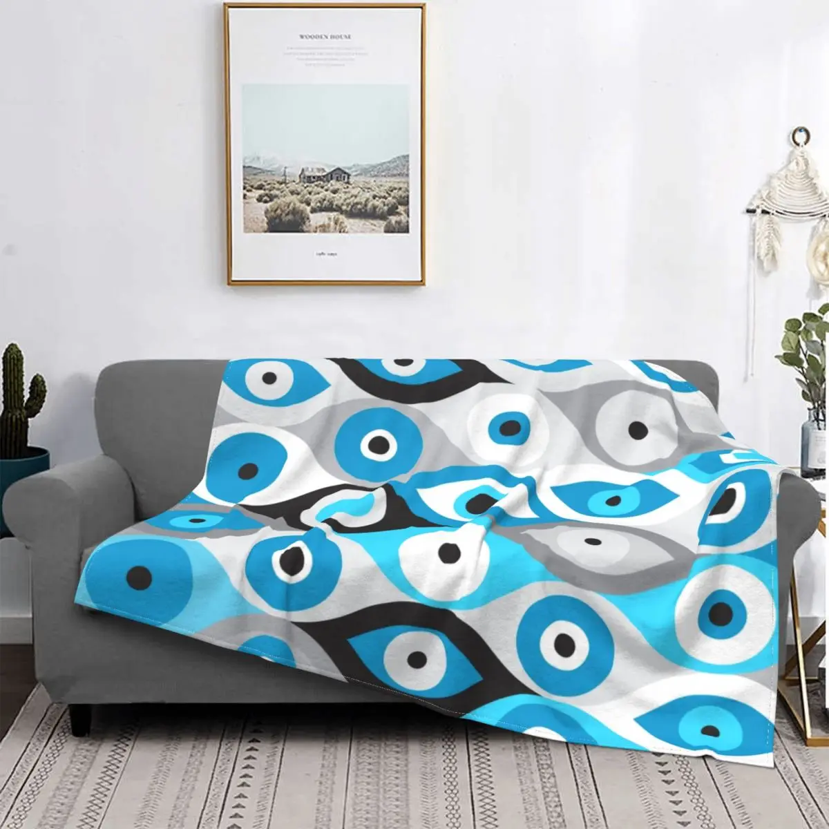 

Greek Evil Eye Pattern Blues And Greys Blankets Soft Flannel Summer Nazar Amulet Boho Throw Blanket for Sofa Office Bedding