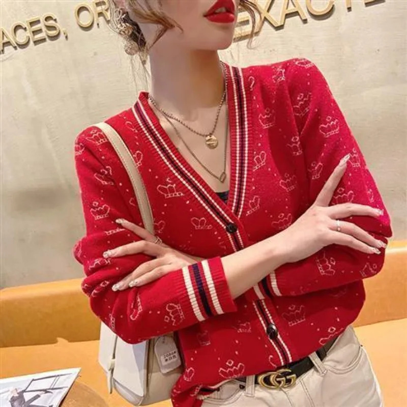 

Women's Spring Autumn New Fashion Elegant V-Neck Long Sleeve Printed Cardigan Casual Versatile Western Commuter Comfortable Tops
