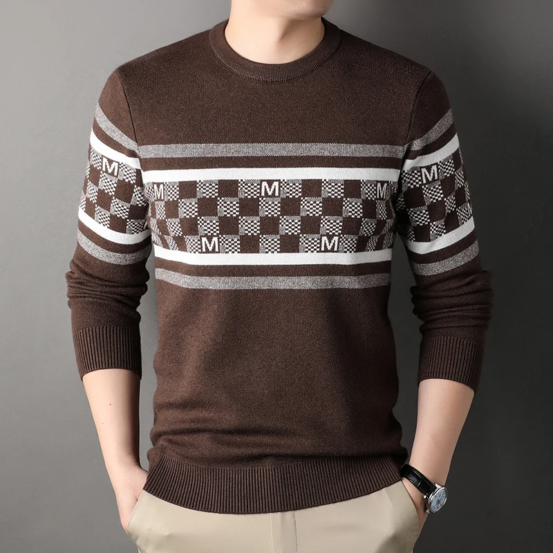 

New Arrival High-Quality Men's Knitted Pullover O-Neck Striped Embroidery Long Sleeved Winter Street Trend Fashion Warm Sweater