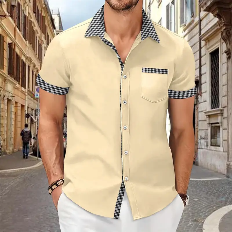 Patchwork Printed Shirt for Men, Solid Color, Comfortable and Soft Short Sleeve Top, Large Size, Summer New - Image 16