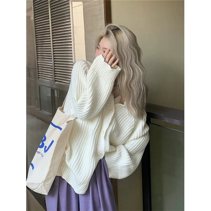 

MEXZT Streetwear Knitted Cardigan Women Oversized Off Shoulder Sweater Coat Harajuku Korean White Knitwear Loose Casual Jumpers