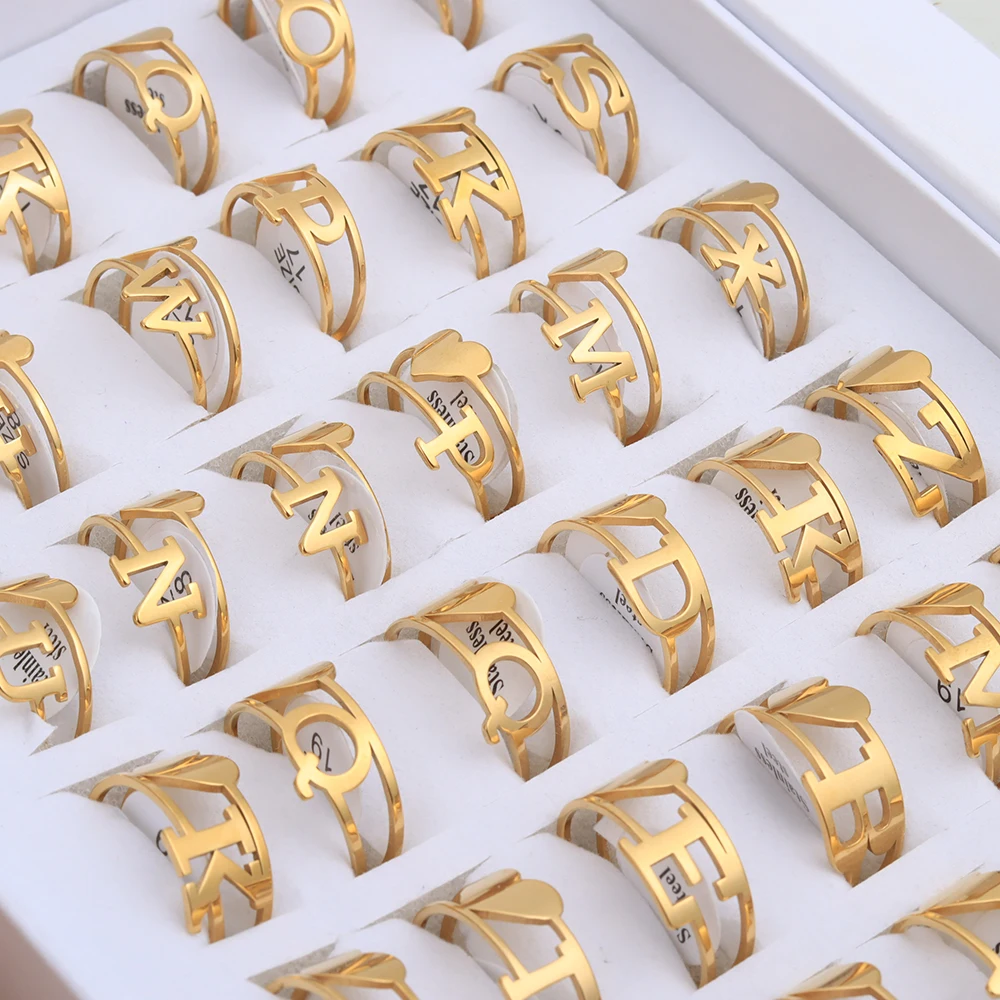 36 Pcs/lot A-Z 26 Letters Heart Stainless Steel Rings for