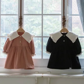 2025 Spring New Sweet Cute Girls Lace Large Lapel Princess Dress Long Sleeve Kids Casual Dress Fashion Baby Girl Clothes
