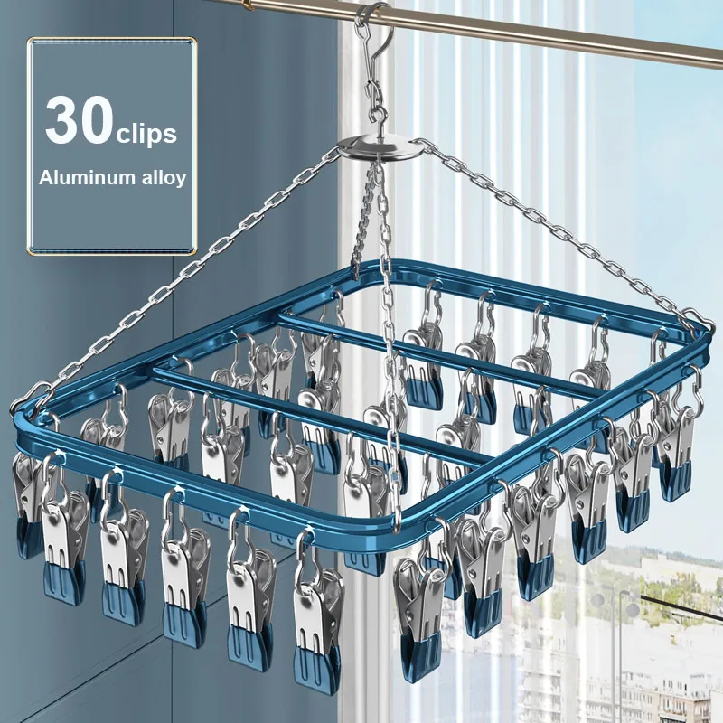 

New 30 Clips Aluminum Alloy Clothes Dryer Hanger Socks Underwear Organizer For Drying Rack, Windproof, Waterproof