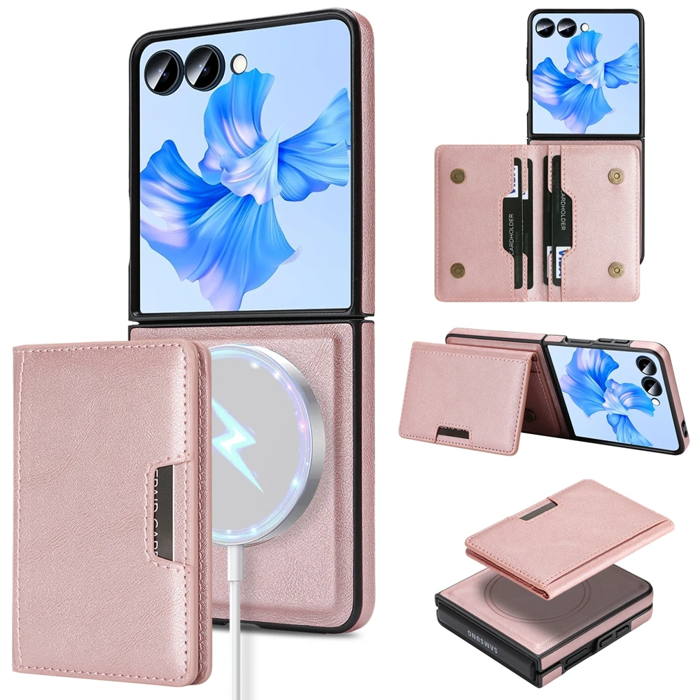 Magnetic Leather Phone Case with Card Holder & Kickstand, Wireless Charging Compatible
