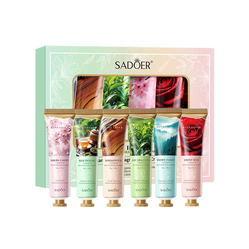 6pcs/kit SADOER Tea Flower Hand Cream Sets Hands Whitening Moisturizing Anti Wrinkles Anti-Aging Hand Skin Care Products