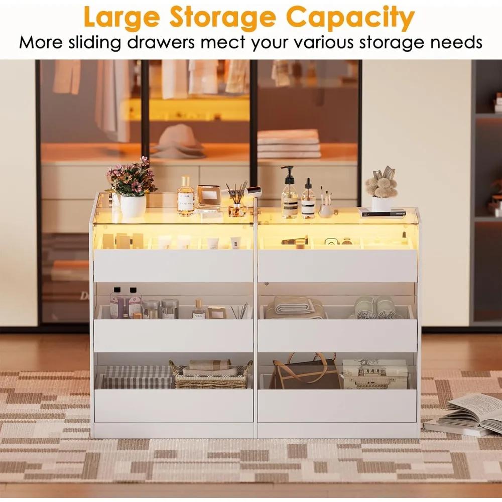 Armoire Bedroom Island, Wardrobe Closet Island Dresser with Glass Showcase, Charging & 3 Color LED Light, Island Dresser 4