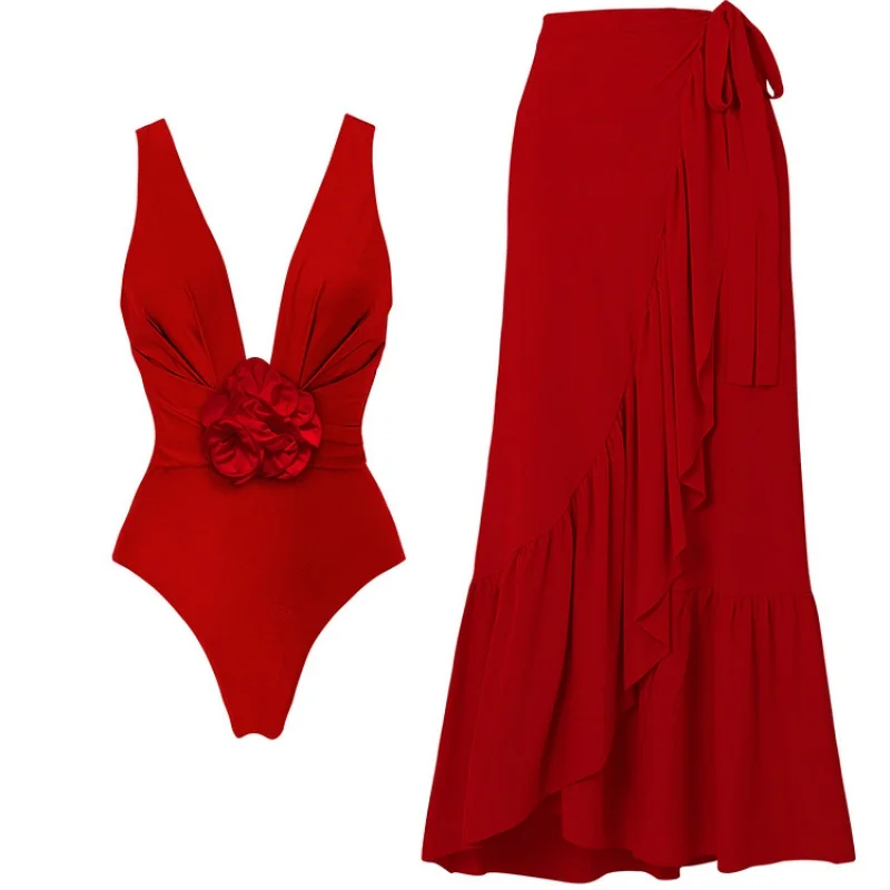 2024New One-Piece Swimsuit Women's Skinny Slimming Retro Large Flower Swimsuit Sexy Cover Belly Suit
