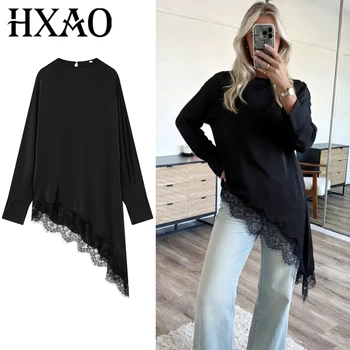 HXAO Lace Asymmetric Black Shirts Woman Blouses Spring Autumn 2026 Minimalist Women's O-Neck Long Sleeve Top Korean Style Blouse 1