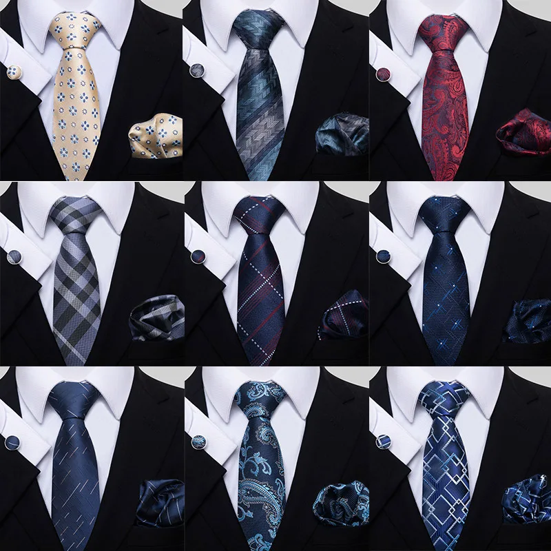 

Classic Men's Tie Fashion Blue Striped Lattice Necktie Cufflinks Square Towels Bussiness Wedding Groom Clothing's Accessories