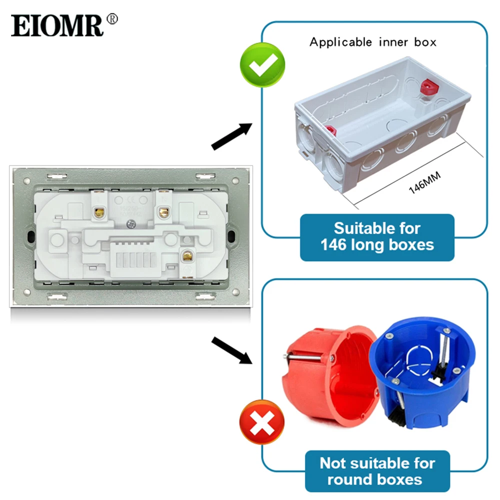 EIOMR EU 독일 벽 소켓 USB 포트 146*86mm 220v 16A 로커 스위치 전원 콘센트 LED 표시기 홈 벽 소켓