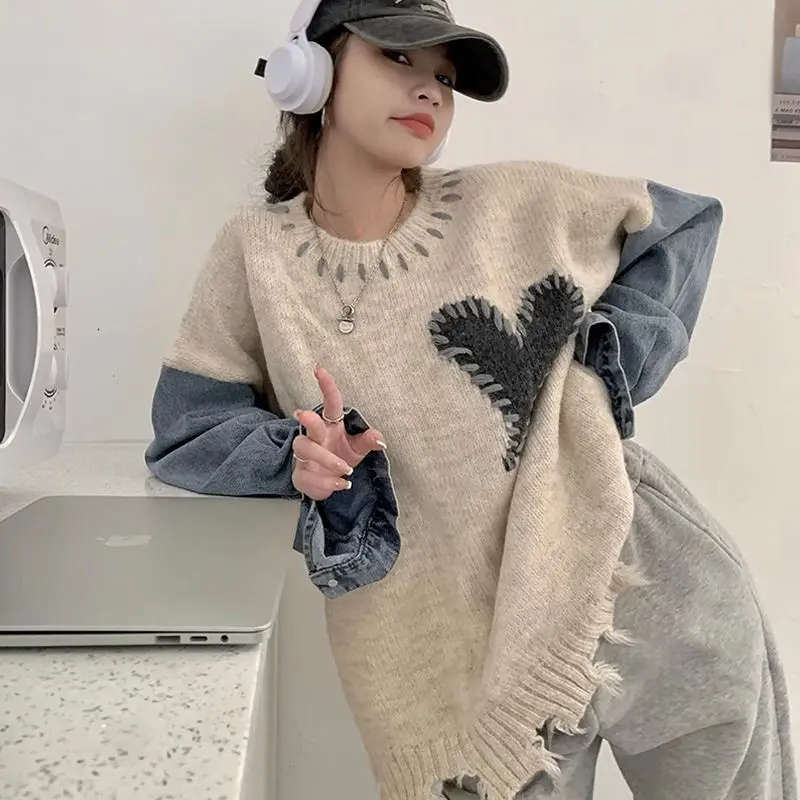 

Fashion Simple Autumn Lazy Style Love Cowboy Patchwork Sweater Women Round Neck Fake Two Asymmetric Loose Long Sleeves Knit Top