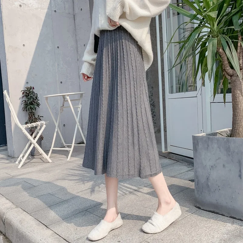 

Spring Autumn Korean Style Long Knitted Skirt Women 2023 New Solid Slim Pleated Umbrella High Waist A- line Skirt for Women